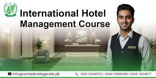 Smiling man in professional attire stands beside text reading 'International Hotel Management Course.' Elegant hotel lobby in background with sofas and lamps."